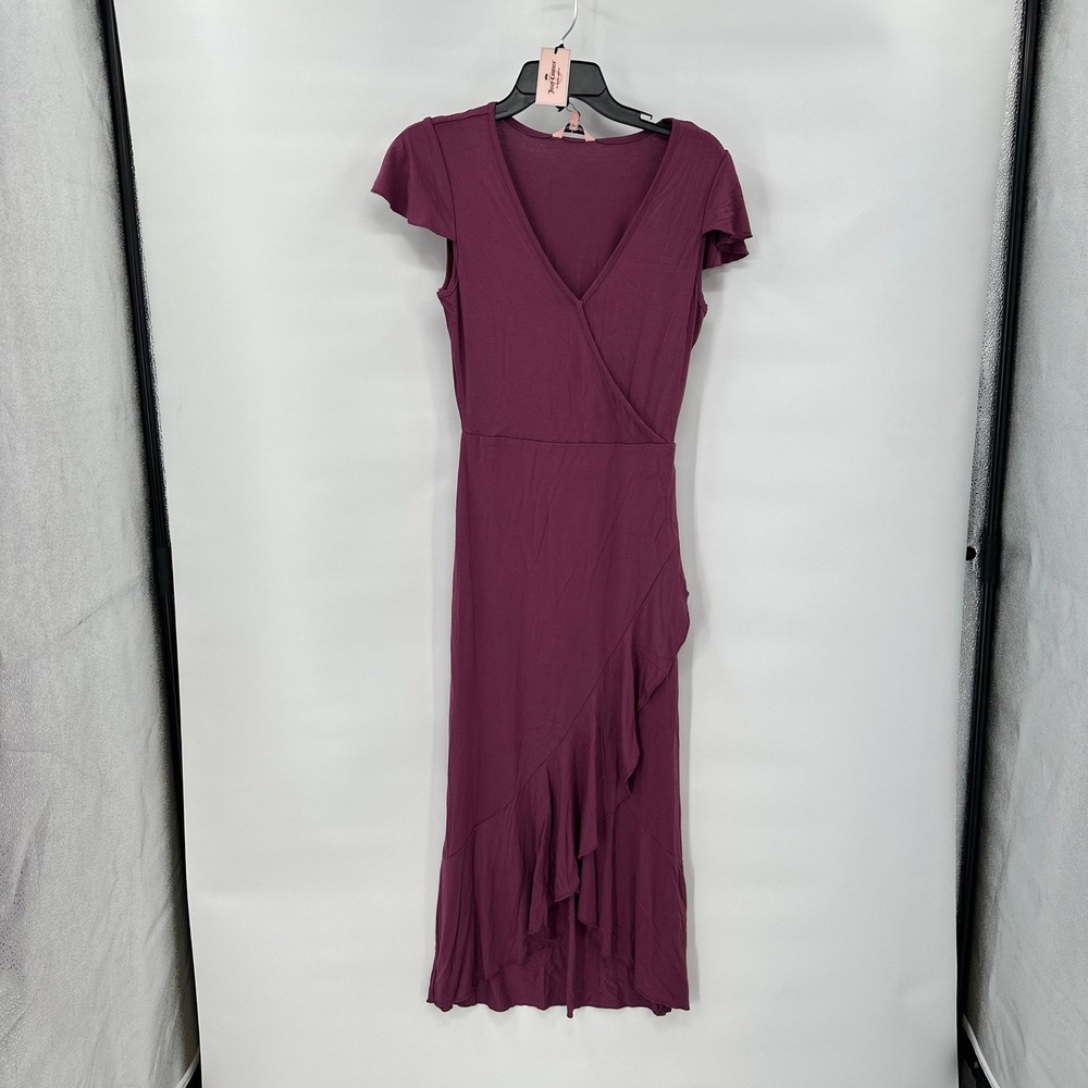 New Plum Purple Faux Wrap Midi Dress XS Flutter Sleeve Tiered Homecoming